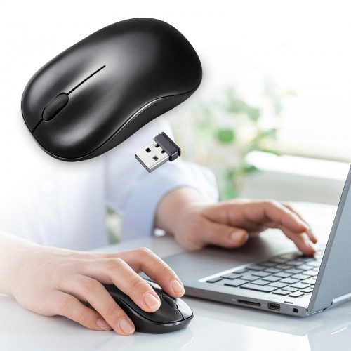 ワイヤレスブルーLEDマウス（左右対称・スタンダードタイプ・2.4GHzワイヤレス・単三乾電池・3ボタン・ブラック）