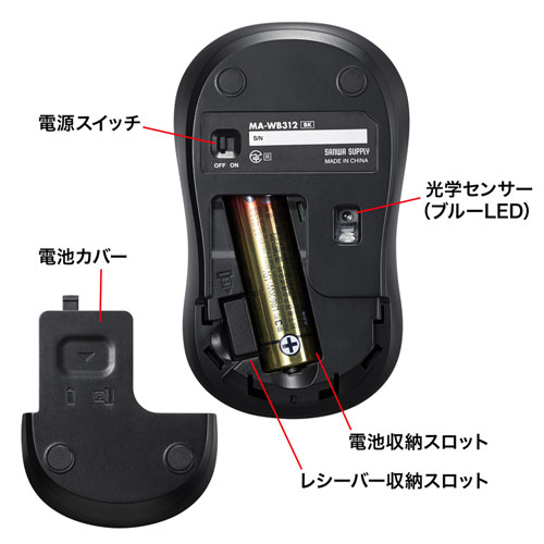 ワイヤレスブルーLEDマウス（左右対称・スタンダードタイプ・2.4GHzワイヤレス・単三乾電池・3ボタン・ブラック）