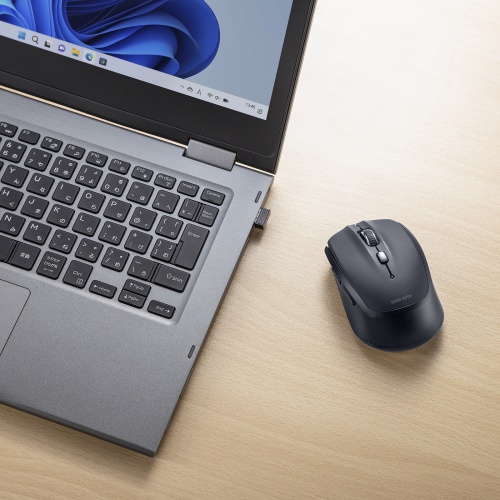 ワイヤレスブルーLEDマウス（「戻る」「進む」ボタン付き・5ボタン・電池式・2.4GHzワイヤレス・USB A接続・ブラック）