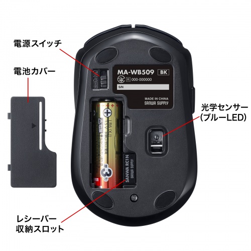ワイヤレスブルーLEDマウス（「戻る」「進む」ボタン付き・5ボタン・電池式・2.4GHzワイヤレス・USB A接続・ブラック）
