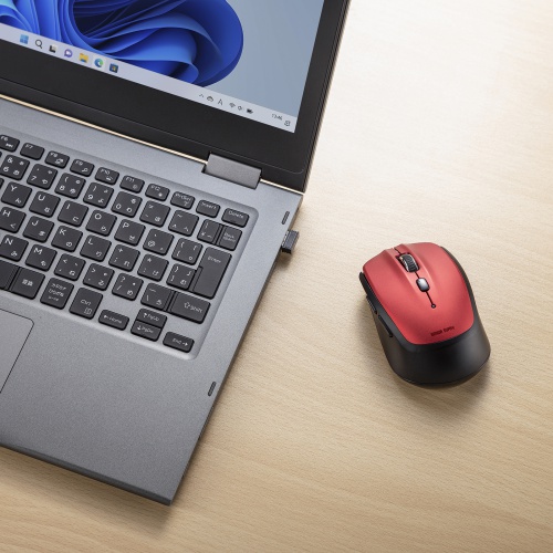 ワイヤレスブルーLEDマウス（「戻る」「進む」ボタン付き・5ボタン・電池式・2.4GHzワイヤレス・USB A接続・レッド）