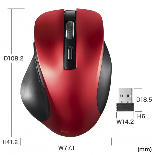 【アウトレット】マウス（ワイヤレス・ブルーLED・5ボタン・中型・レッド）MA-WB518R