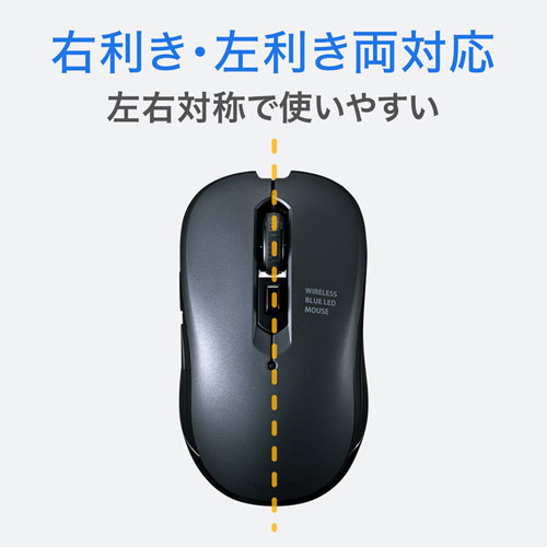 ワイヤレスマウス(無線・2.4G・ブルーLED・5ボタン・DPI切替・ラバー塗装・左右対称・電池式・中型・名入れ対応・ガンメタ・サンワサプライ)
