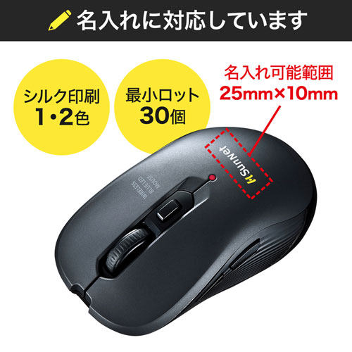 ワイヤレスマウス(無線・2.4G・ブルーLED・5ボタン・DPI切替・ラバー塗装・左右対称・電池式・中型・名入れ対応・ガンメタ・サンワサプライ)
