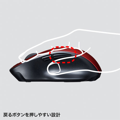 静音ワイヤレスマウス(無線・2.4G・ブルーLED・5ボタン・DPI切替・電池式・中型・レッド・サンワサプライ)