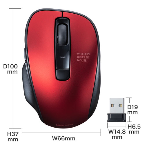 静音ワイヤレスマウス(無線・2.4G・ブルーLED・5ボタン・DPI切替・電池式・中型・レッド・サンワサプライ)