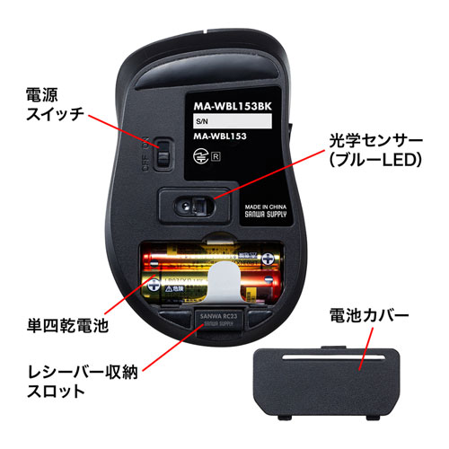 静音ワイヤレスマウス(無線・2.4G・ブルーLED・5ボタン・DPI切替・電池式・小型・ボタン割付対応・ブラック・サンワサプライ)