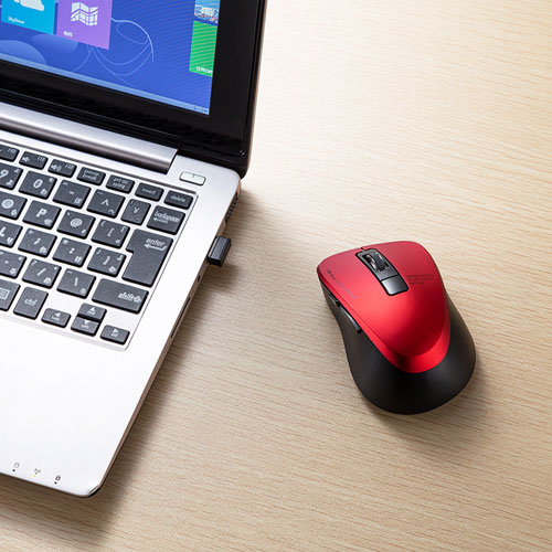 静音ワイヤレスマウス(無線・2.4G・ブルーLED・5ボタン・DPI切替・電池式・小型・ボタン割付対応・レッド・サンワサプライ)