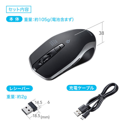 静音ワイヤレスマウス（無線・2.4G・ブルーLED・5ボタン・DPI切替・電池式・左利き・中型・ブラック・サンワサプライ）