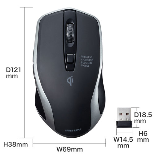 静音ワイヤレスマウス（無線・2.4G・ブルーLED・5ボタン・DPI切替・電池式・左利き・中型・ブラック・サンワサプライ）