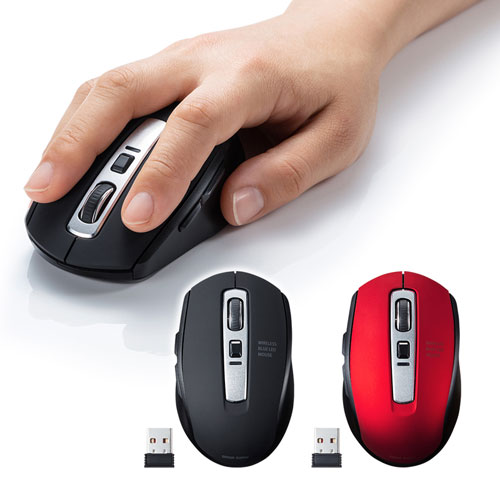 静音ワイヤレスマウス(無線・2.4G・ブルーLED・5ボタン・DPI切替・ラバー塗装・電池式・中型・ブラック)