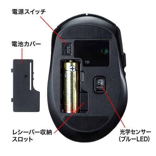 静音ワイヤレスマウス(無線・2.4G・ブルーLED・5ボタン・DPI切替・ラバー塗装・電池式・中型・ブラック)