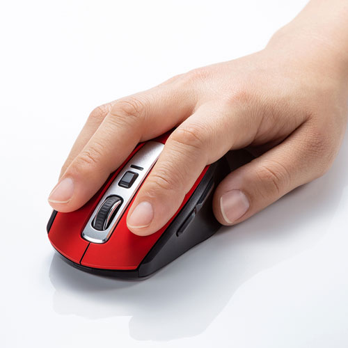 静音ワイヤレスマウス(無線・2.4G・ブルーLED・5ボタン・DPI切替・ラバー塗装・電池式・中型・レッド)