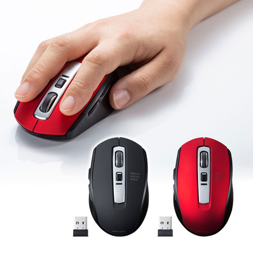 静音ワイヤレスマウス(無線・2.4G・ブルーLED・5ボタン・DPI切替・ラバー塗装・電池式・中型・レッド)