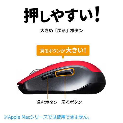 静音ワイヤレスマウス(無線・2.4G・ブルーLED・5ボタン・DPI切替・ラバー塗装・電池式・中型・レッド)