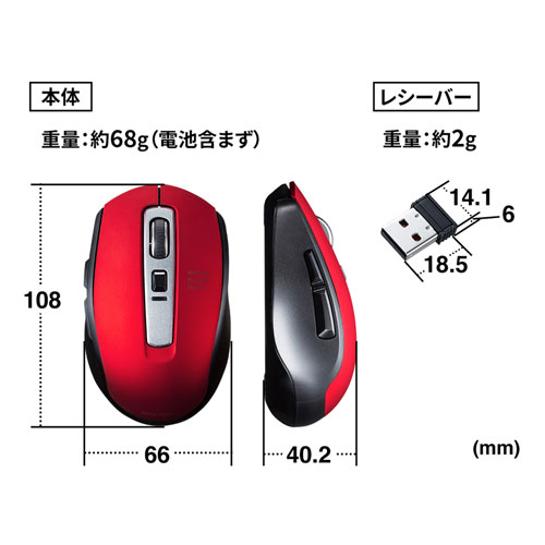 静音ワイヤレスマウス(無線・2.4G・ブルーLED・5ボタン・DPI切替・ラバー塗装・電池式・中型・レッド)