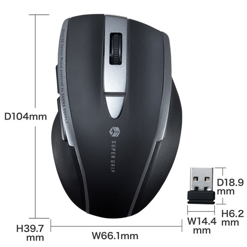 マウス（静音・ワイヤレス・ブルーLED・5ボタン・中型・ブラック）