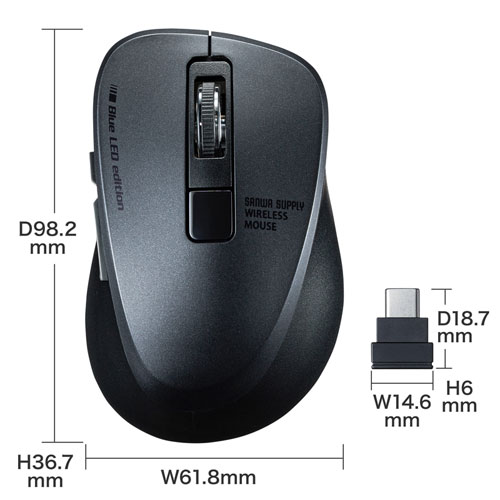 静音ワイヤレスマウス（5ボタン・タイプC・ブルーLED・DPI切替・ボタン割付対応・iPhone15・iPhone15plus・ブラック） MA-WBLC153BK サンワサプライ