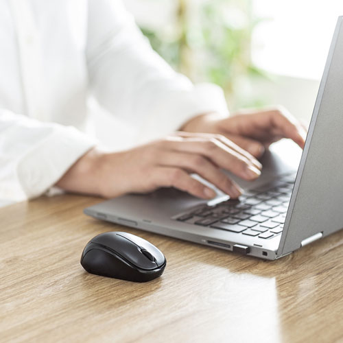 静音ワイヤレスマウス（ブルーLED・超小型・超軽量・無線・2.4Ｇ・3ボタン・電池式・左右対称・ダークシルバー）