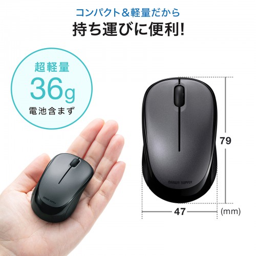 静音ワイヤレスマウス（ブルーLED・超小型・超軽量・無線・2.4Ｇ・3ボタン・電池式・左右対称・ダークシルバー）