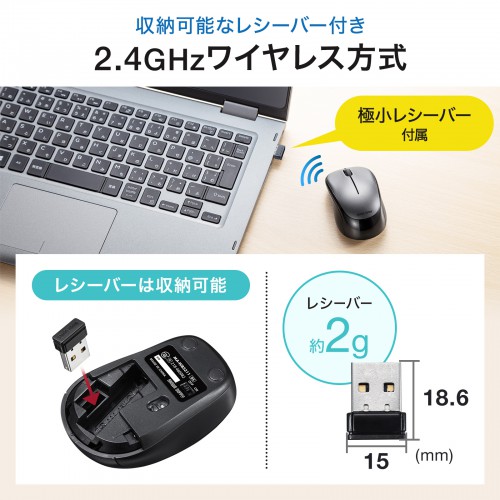 静音ワイヤレスマウス（ブルーLED・超小型・超軽量・無線・2.4Ｇ・3ボタン・電池式・左右対称・ダークシルバー）