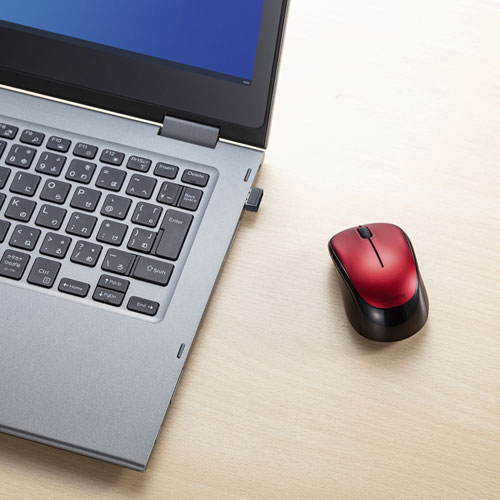 静音ワイヤレスマウス（ブルーLED・超小型・超軽量・無線・2.4Ｇ・3ボタン・電池式・左右対称・レッド）