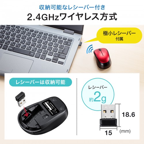 静音ワイヤレスマウス（ブルーLED・超小型・超軽量・無線・2.4Ｇ・3ボタン・電池式・左右対称・レッド）