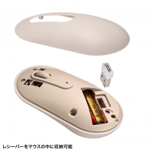 ワイヤレスマウス（無線・2.4GHz・ブルーLED・静音・薄型小型・持ち運び・かわいい・3ボタン・左右対称・DPI切替・ベージュ）
