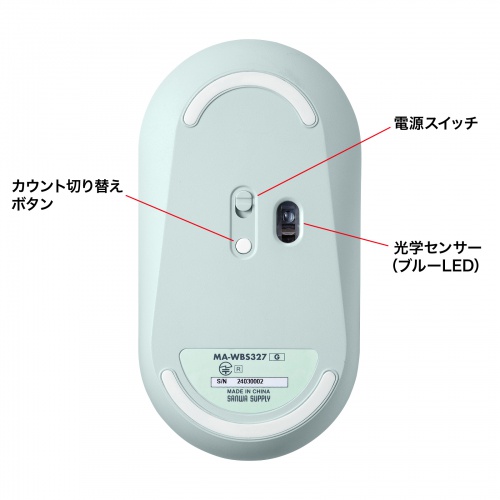 ワイヤレスマウス（無線・2.4GHz・ブルーLED・静音・薄型小型・持ち運び・かわいい・3ボタン・左右対称・DPI切替・グリーン）