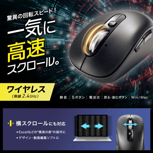 ワイヤレスマウス（チルトホイール・高速スクロール・2.4GHz・無線・静音・5ボタン・ブルーLED・カウント切り替え・左右スクロール・Mac対応・戻る・進む）