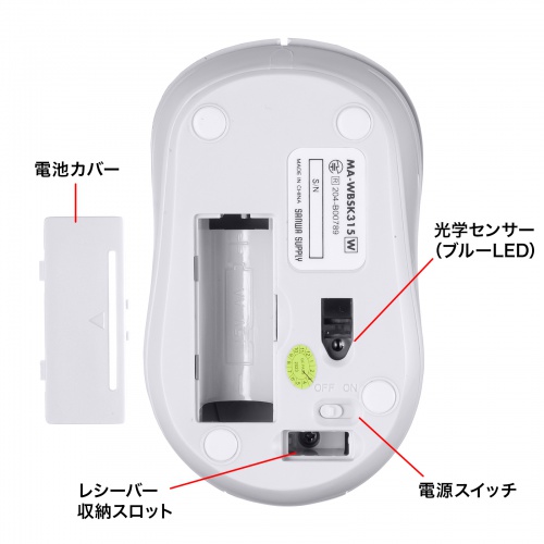 抗菌ワイヤレスマウス（静音・無線・2.4GHzワイヤレス・USB A接続・ブルーLED・単三電池・ホワイト）MA-WBSK315W
