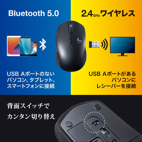 ワイヤレスマウス(Bluetooth・充電式・おすすめ・おしゃれ・人気・静音・コンボマウス・ブラック） MA-WBTBL193BK サンワサプライ
