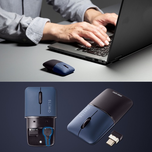 モバイルマウス SLIMO（ワイヤレス・Type-C接続・スリム・軽量・静音・収納できる充電ケーブル・iPhone15・iPhone15plus・ネイビー） MA-WCBS310NV サンワサプライ
