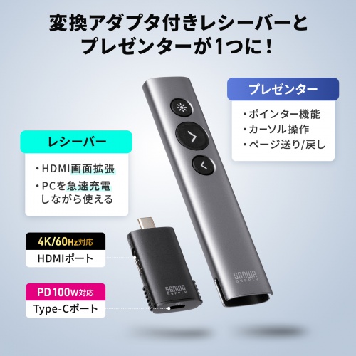 プレゼンテーションマウス（ワイヤレスプレゼンター・C-HDMI変換アダプタ付き・4K/60Hz・PD100W・PowerPoint・windows・mac）