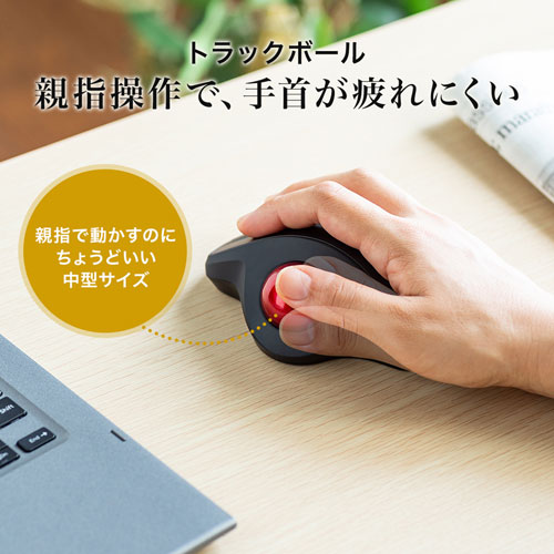 静音ワイヤレストラックボールマウス（無線・2.4G・光学センサー・3ボタン・DPI切替・電池式・ブラック・サンワサプライ)