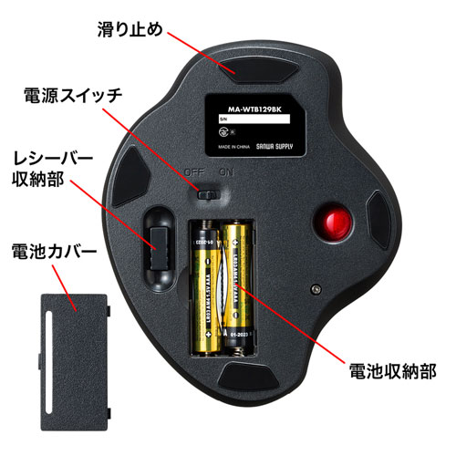 静音ワイヤレストラックボールマウス（無線・2.4G・光学センサー・3ボタン・DPI切替・電池式・ブラック・サンワサプライ)