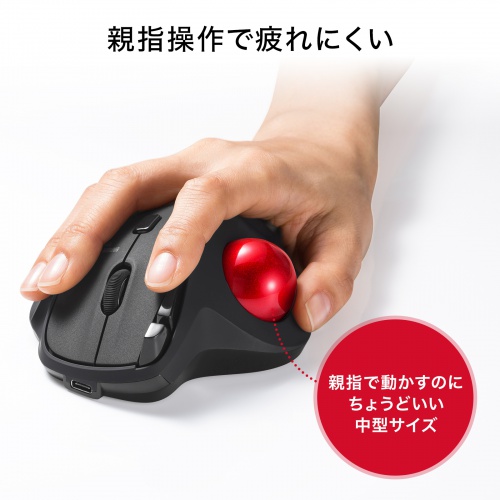 ワイヤレストラックボール（静音・5ボタン・親指操作タイプ・エルゴノミクス・2.4GHzワイヤレス・USB A・Type-C）