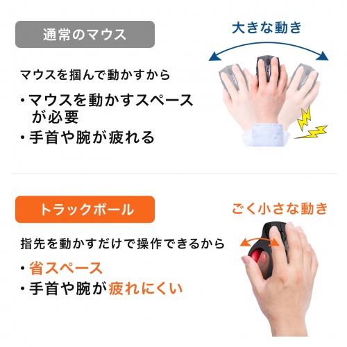 ワイヤレストラックボール（静音・5ボタン・親指操作タイプ・エルゴノミクス・2.4GHzワイヤレス・USB A・Type-C）