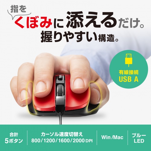 マウス（有線・ブルーLED・中型・5ボタン・レッド） MA-YB518R サンワサプライ