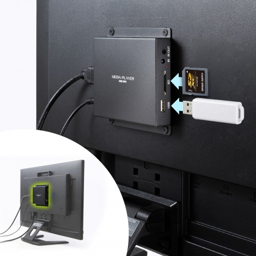 メディアプレーヤー（VESAマウント対応・フルHD・デジタルサイネージ・自動再生・タイマー機能付き・HDMI・RCA・SDカード・USBメモリ・オートプレイ・動画・画像）