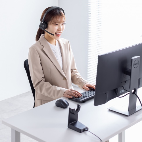Bluetoothヘッドセット（ワイヤレスヘッドセット・両耳タイプ・全指向性・無線・有線・両対応・ロングマイク・在宅勤務・コールセンター・クレードルつき）