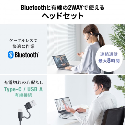 Bluetoothヘッドセット（オープンイヤー・有線対応・両耳・収納ポーチ付・単一指向性マイク・ENCノイズキャンセル・U0SB-C充電・無線）