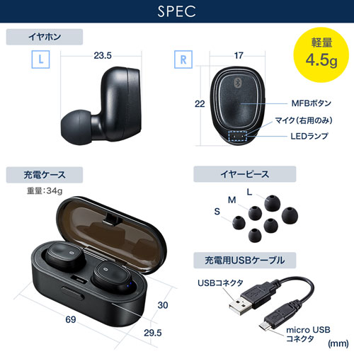完全ワイヤレスイヤホン（（Bluetooth4.1・True Wireless・充電ケース）