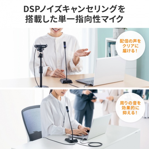 USBスタンドマイク（Type-C/USB A両対応・DSPノイズキャンセリング・ミュート機能・ステレオミニプラグポート搭載・Windows Mac Zoom・録音・文字起こし）