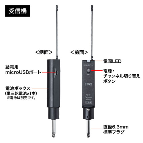 有線マイクワイヤレス化アダプタ（XLR3pin オス・直径6.3㎜標準プラグオス・周波数選択）