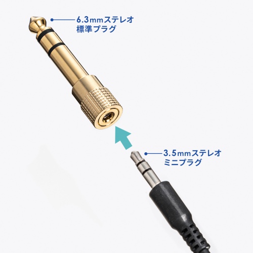 3.5mmステレオプラグ変換アダプタ（3.5mmステレオミニプラグ-6.3mmステレオ標準プラグ・金メッキ）
