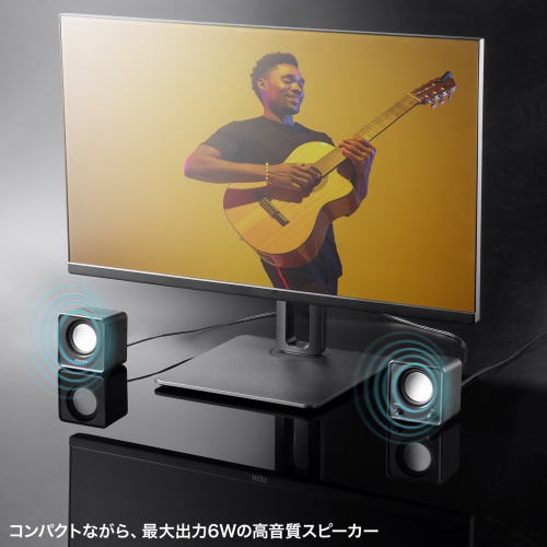 PCスピーカー（USB電源・6W出力・3.5mmプラグ接続・パッシブラジエーター・小型サイズ・ブラック）
