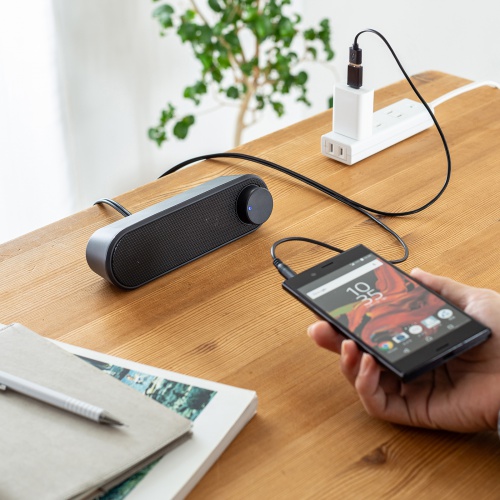 PCスピーカー（USB電源・6W出力・3.5mmプラグ接続・小型・サウンドバー型・2mケーブル）