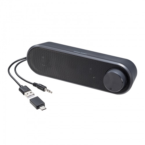 PCスピーカー（USB電源・6W出力・3.5mmプラグ接続・小型・サウンドバー型・2mケーブル）