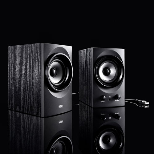 ハイパワーUSBスピーカー(USB接続・木製・アンプ内蔵・コンパクト・最大25.6W・ブラック）